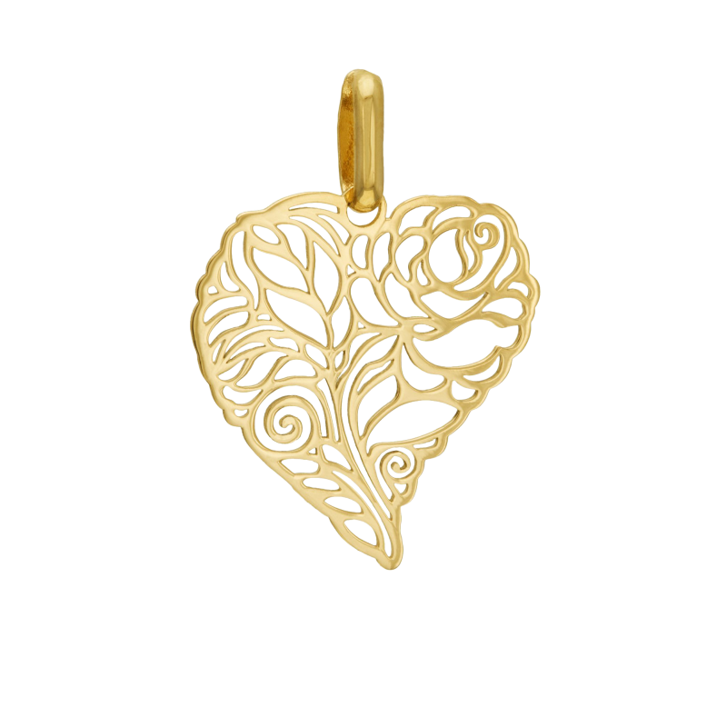 Pendentif en or jaune, coeur et rose