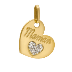Pendentif en or jaune, coeur et laque pailletée,maman