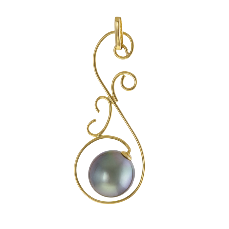Pendentif en or jaune et perle de culture de Tahiti, volutes