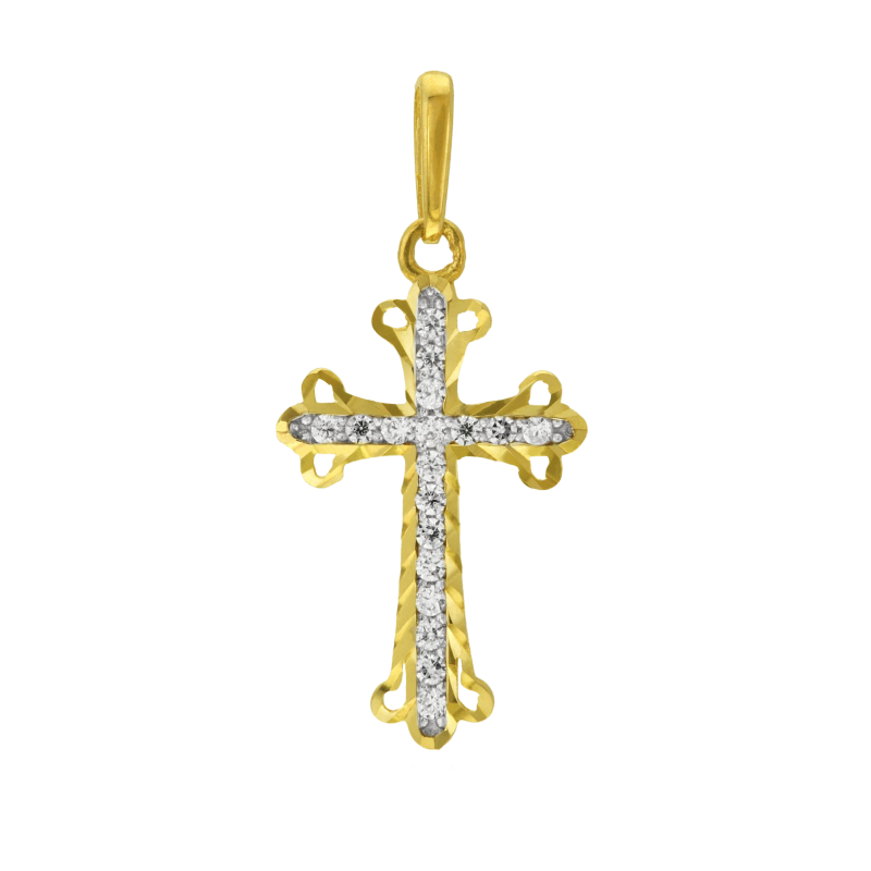 Croix en or jaune rhodié, oxydes de zirconium