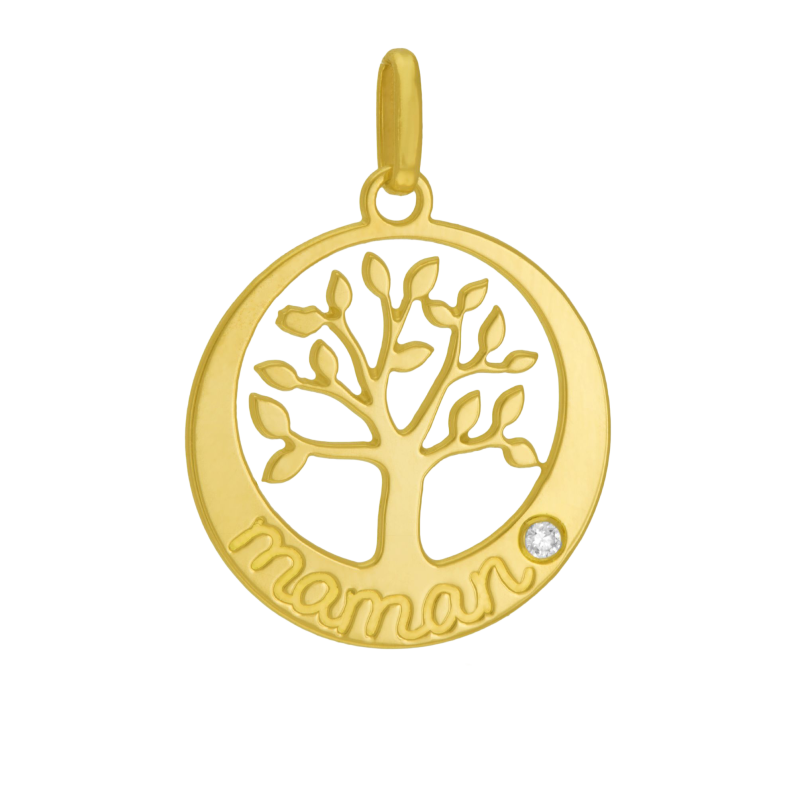 Pendentif en or jaune et diamant, maman, arbre de vie