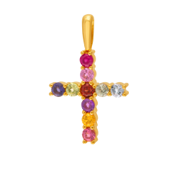 Pendentif en or jaune, saphirs, rubis, citrine, aigue-marine, péridot, cordiérite, tourmaline, améthyste et grenat