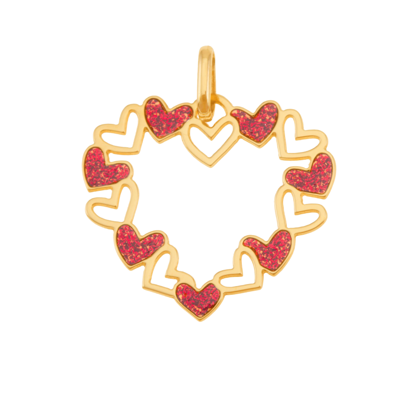 Pendentif en or jaune et laque pailletée, coeurs