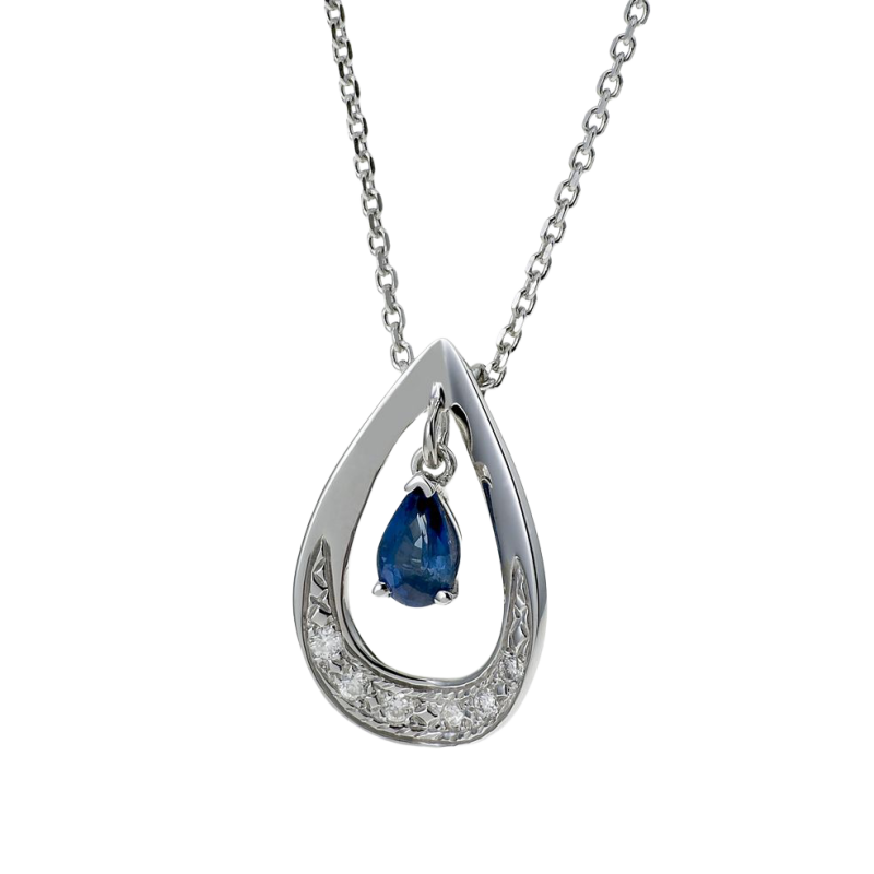 Pendentif en or gris, saphir et diamants sur chaine maille forçat