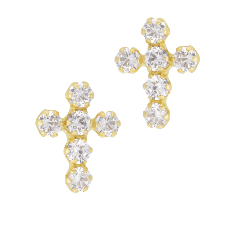 Boucles d'oreilles en or jaune et oxydes de zirconium, croix