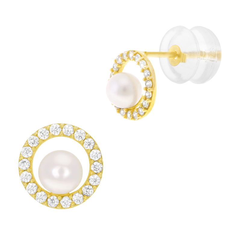 Boucles d'oreilles en or jaune, perle de culture et oxydes de zirconium