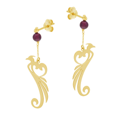 Boucles d'oreilles en or jaune et grenat, phénix 