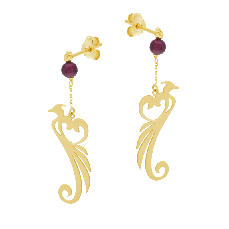 Boucles d'oreilles en or jaune et grenat, phénix 