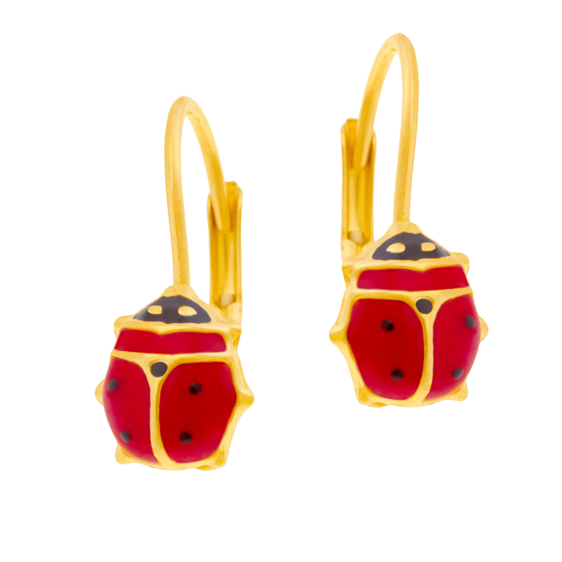 Boucles d'oreilles en or jaune et laque, coccinelle