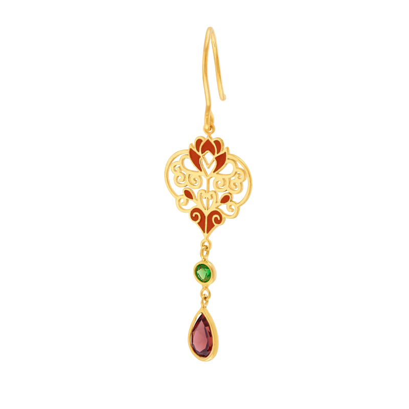 Boucles d'oreilles en or jaune, laque, grenat et oxydes de zirconium