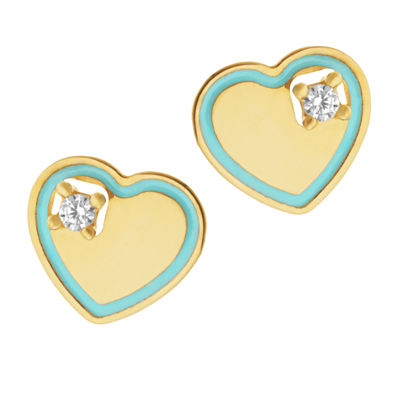 Boucles d'oreilles en or jaune, laque et oxyde de zirconium, coeur