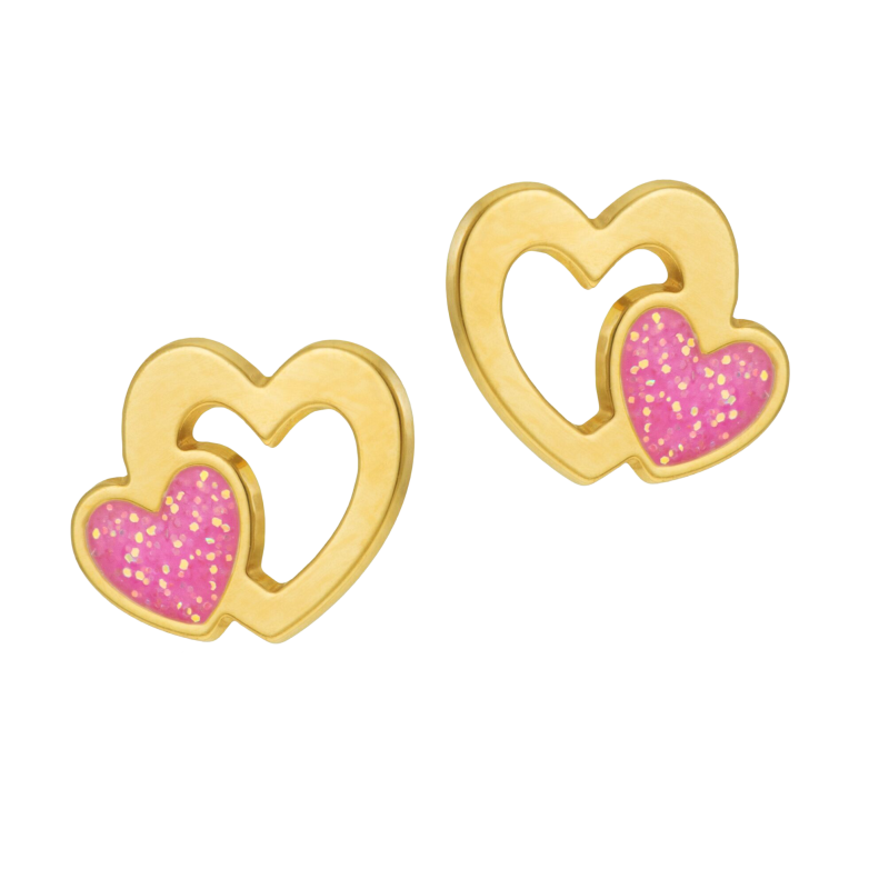 Boucles d'oreilles en or jaune et laque, coeurs