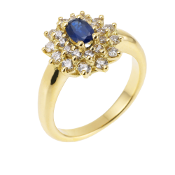 Bague en or jaune, saphir double entourage diamants