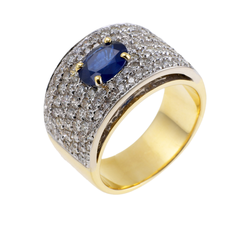 Bague jonc en 2 ors, saphir et pavage diamants