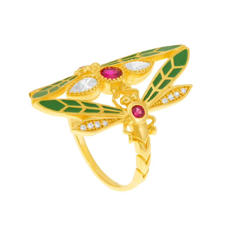 Bague en plaqué or, oxydes de zirconium et laque, libellule