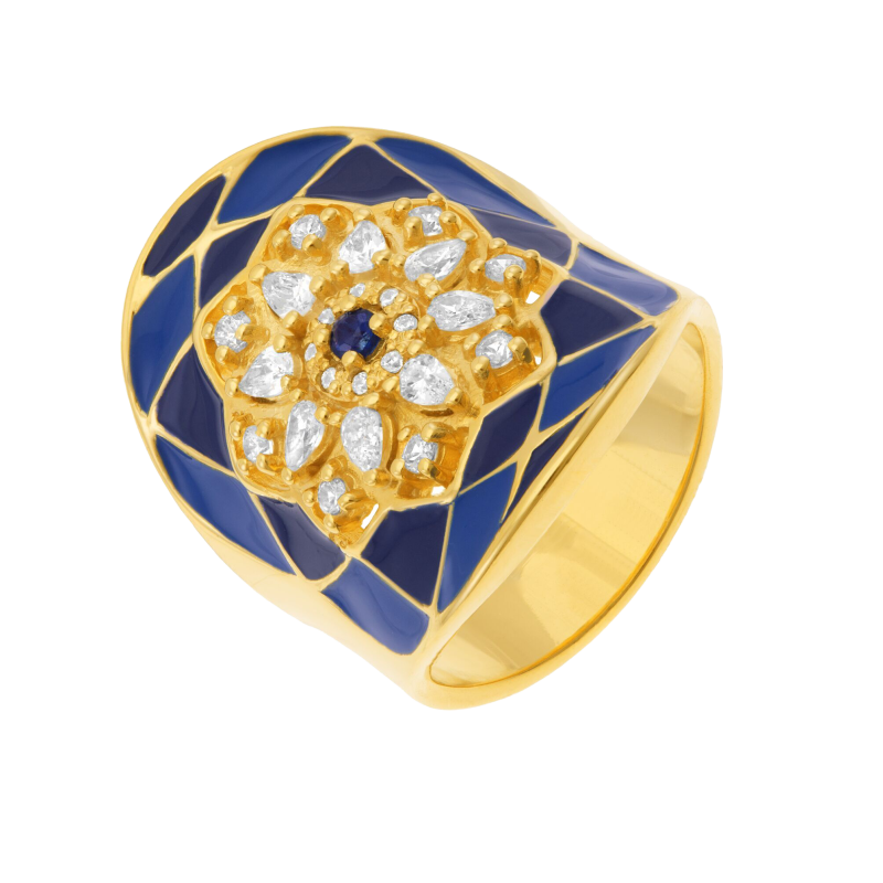 Bague en plaqué or, oxydes de zirconium et laque