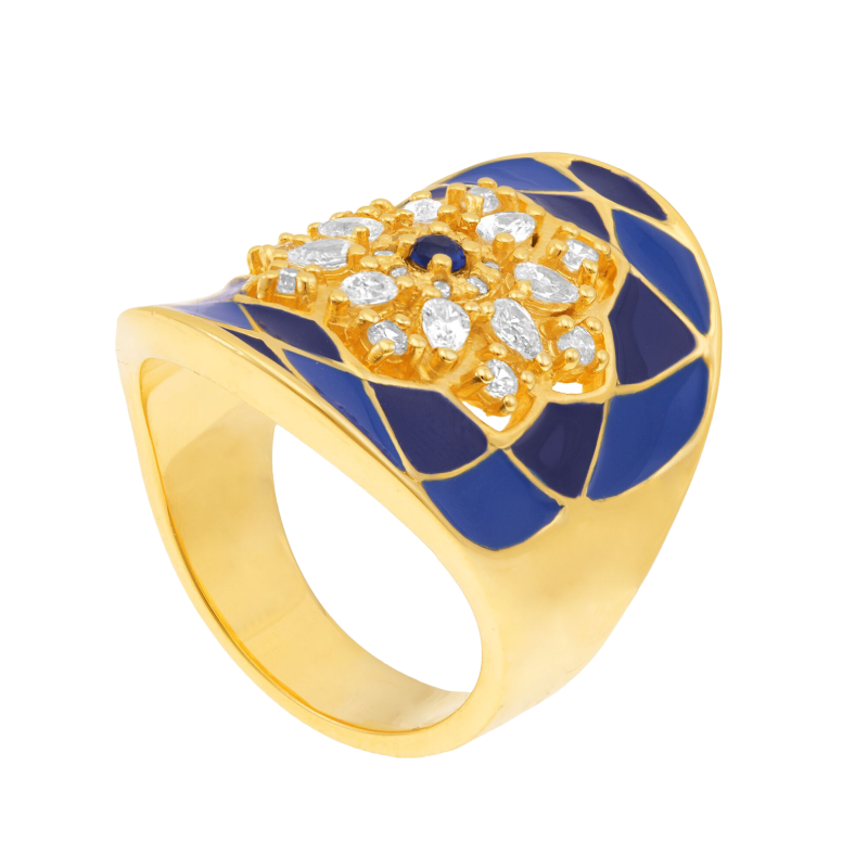 Bague en plaqué or, oxydes de zirconium et laque