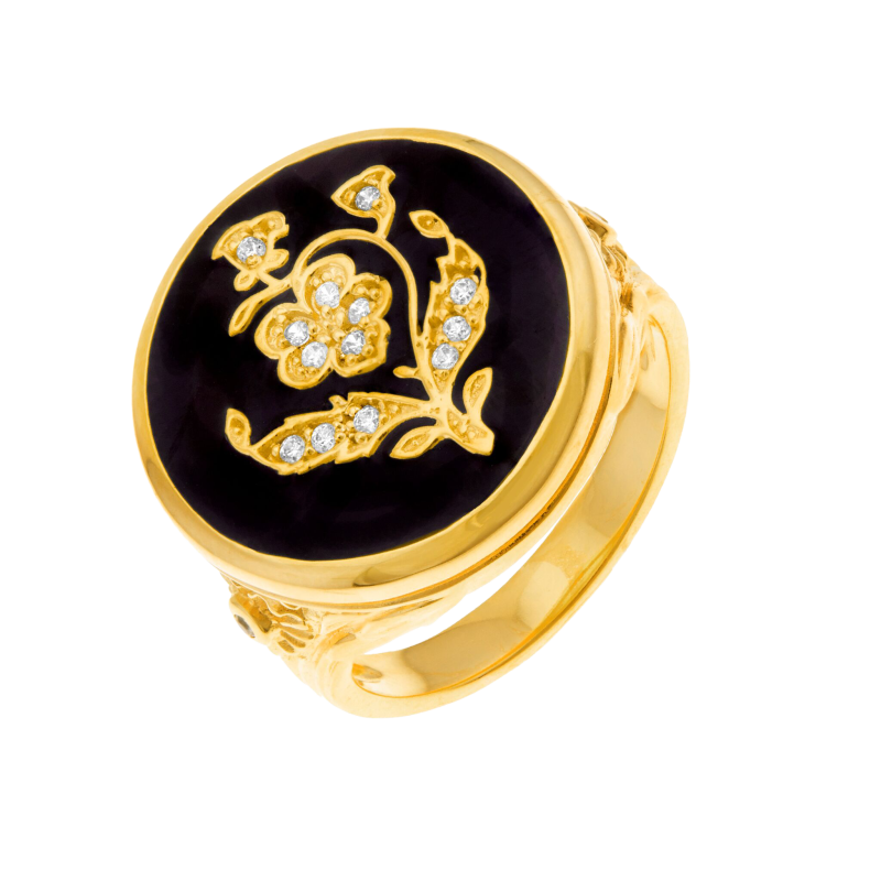 Bague en plaqué or, oxydes de zirconium et émail