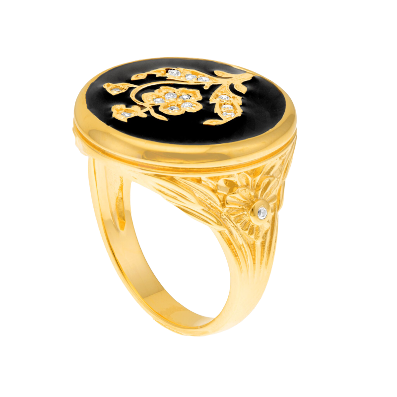 Bague en plaqué or, oxydes de zirconium et émail