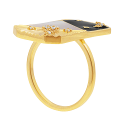 Bague en plaqué or, oxydes de zirconium, nacre et laque