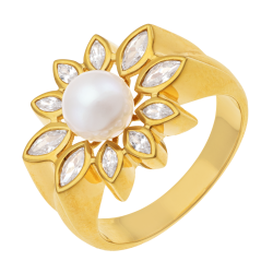 Bague en plaqué or, perle de culture et oxydes de zirconium