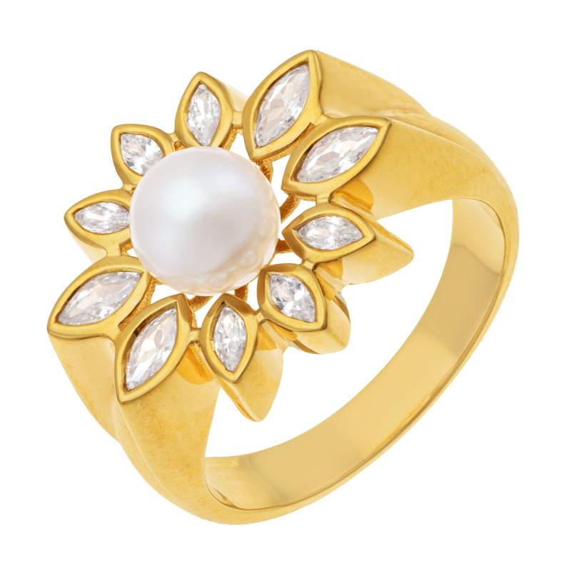 Bague en plaqué or, perle de culture et oxydes de zirconium