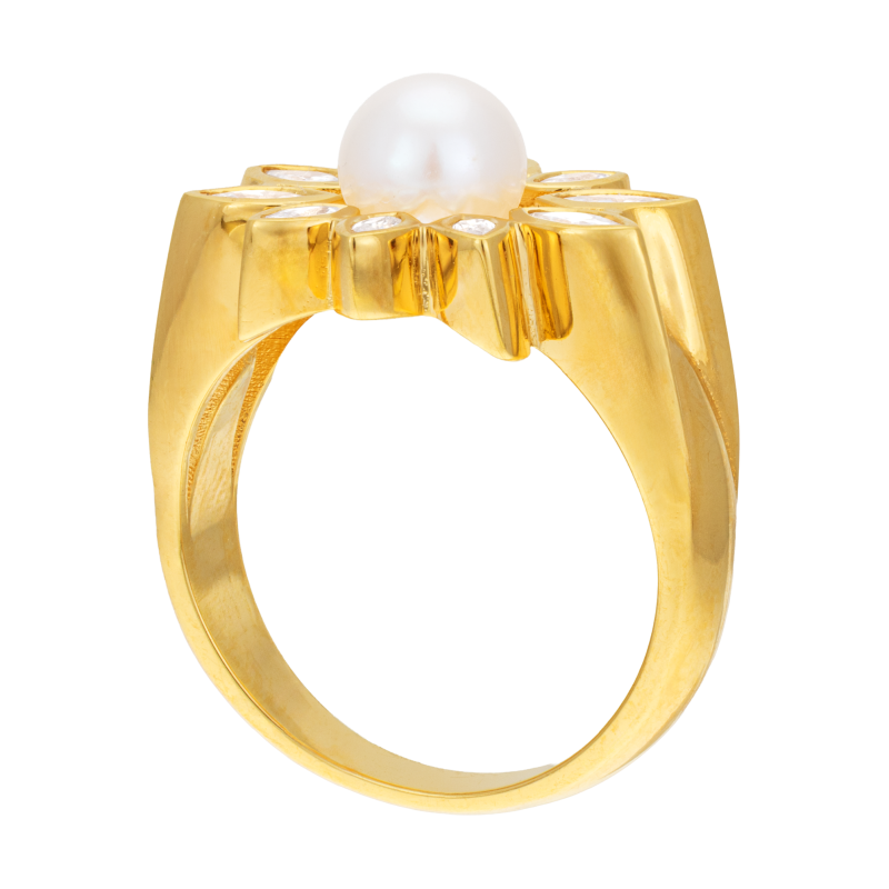 Bague en plaqué or, perle de culture et oxydes de zirconium