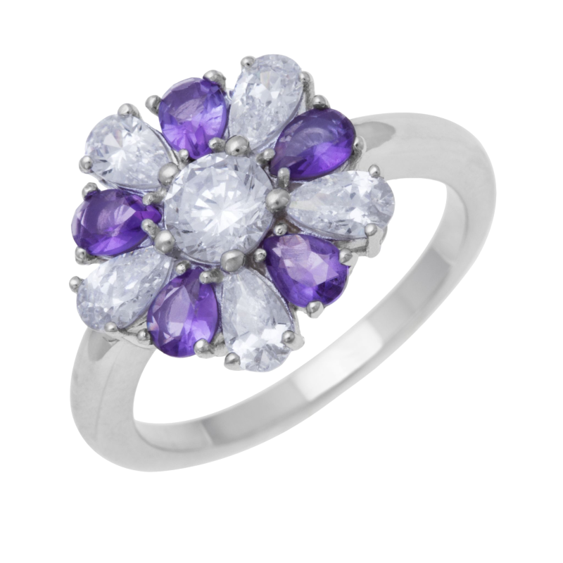 Bague en argent rhodié, améthystes et oxydes de zirconium