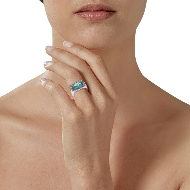 Bague en argent rhodié et oxydes de zirconium de couleurs