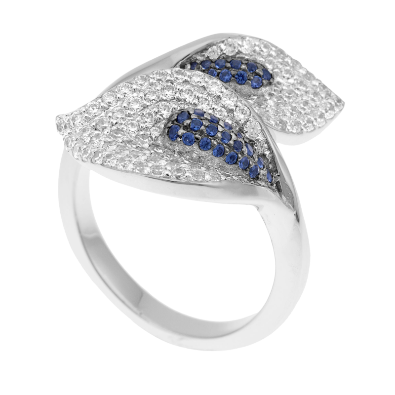 Bague en argent rhodié, oxydes de zirconium bleus et blancs