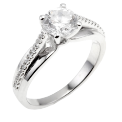 Bague solitaire accompagné en argent rhodié, oxydes de zirconium