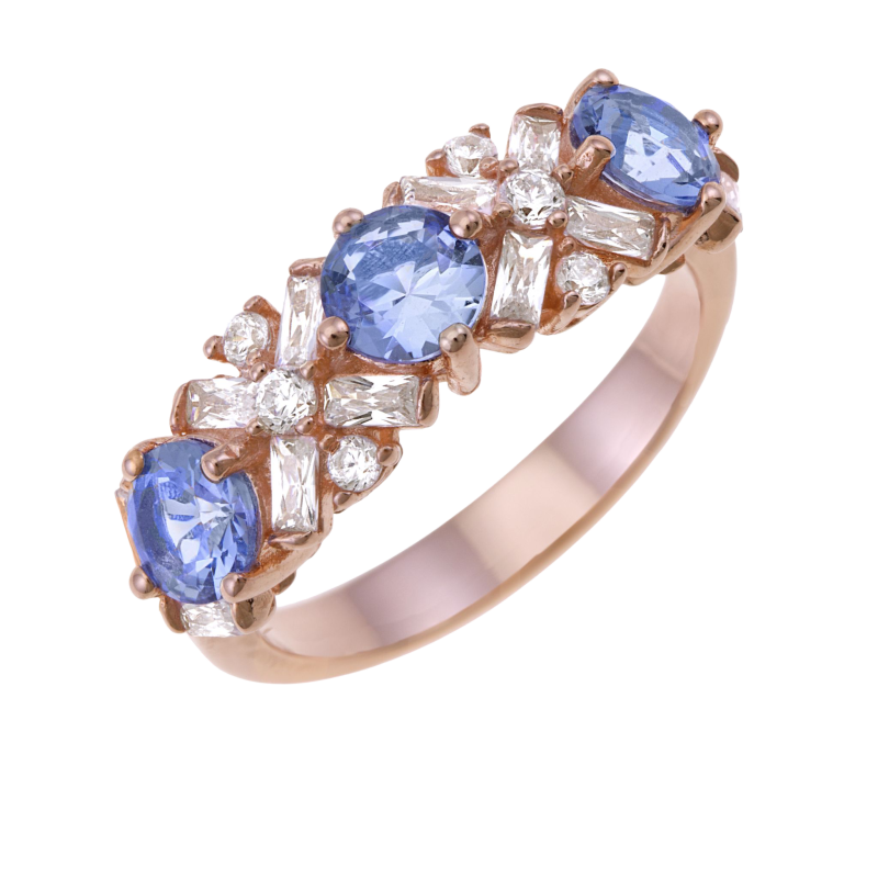Bague en argent doré rose, oxydes zirconium bleu