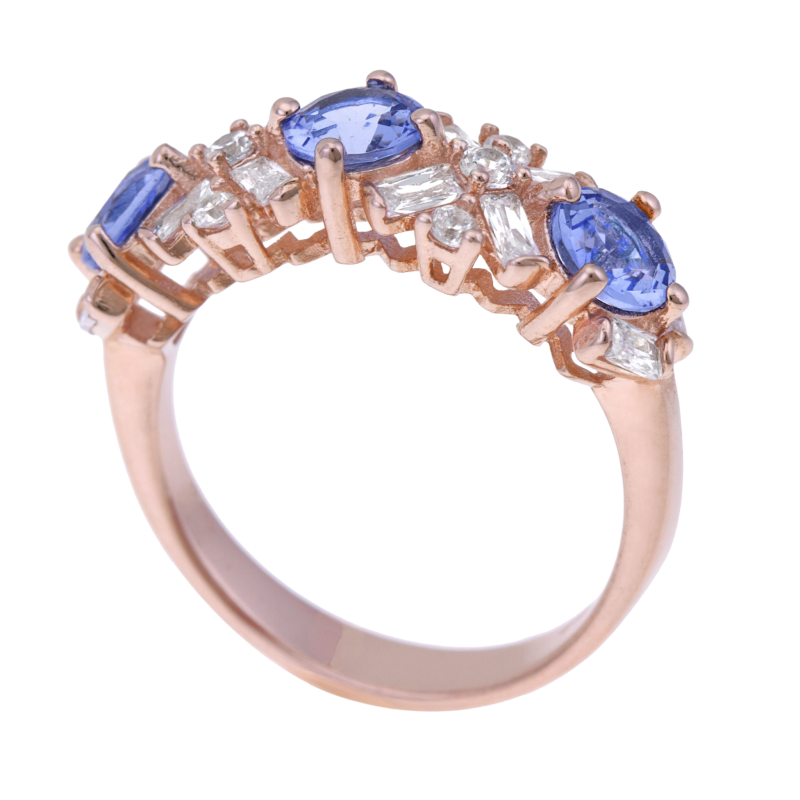 Bague en argent doré rose, oxydes zirconium bleu