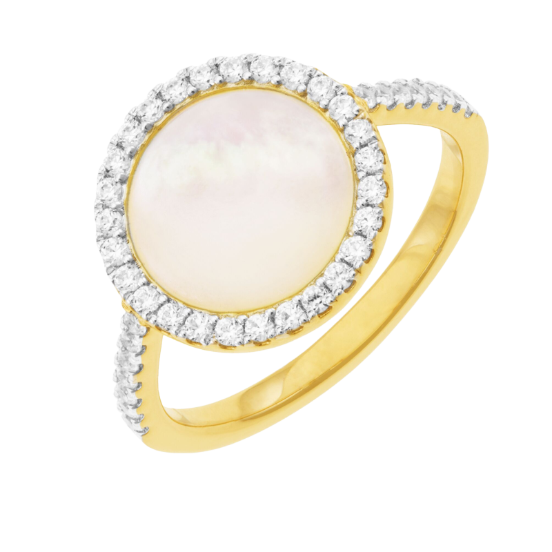 Bague en argent doré et rhdoié, nacre et oxydes de zirconium 