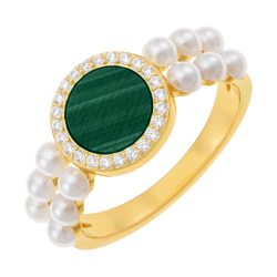 Bague en argent doré, malachite, perles de culture, oxydes de zirconium