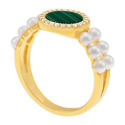 Bague en argent doré, malachite, perles de culture, oxydes de zirconium