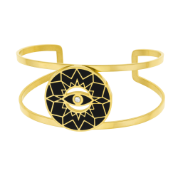 Bracelet jonc en acier doré, oxyde de zirconium et laque noire