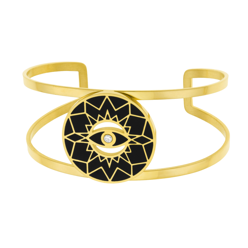 Bracelet jonc en acier doré, oxyde de zirconium et laque noire