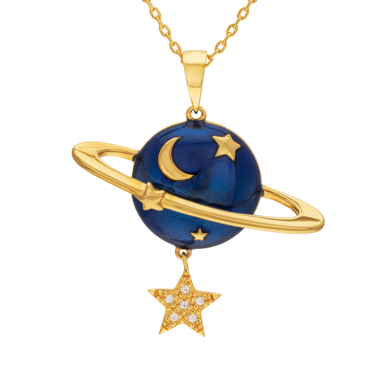 Collier en plaqué or, oxydes de zirconium et laque bleue