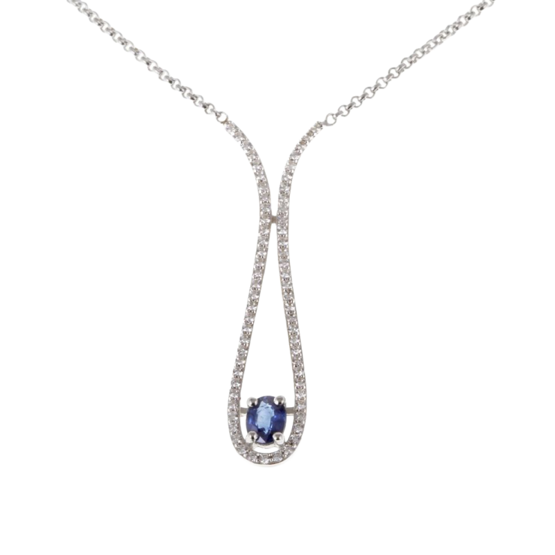 Collier en argent rhodié, goutte, saphir et oxydes de zirconium