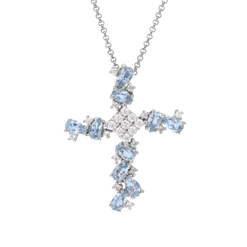 Collier en argent rhodié, oxydes de zirconium blancs et bleus