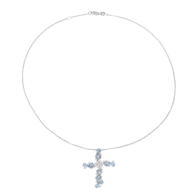 Collier en argent rhodié, oxydes de zirconium blancs et bleus
