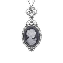 Collier en argent rhodié noir, camée résine et oxydes de zirconium