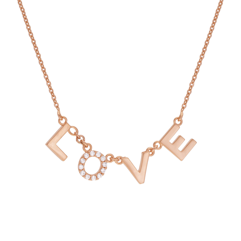 Collier en bronze plaqué or rose et oxydes de zirconium, LOVE