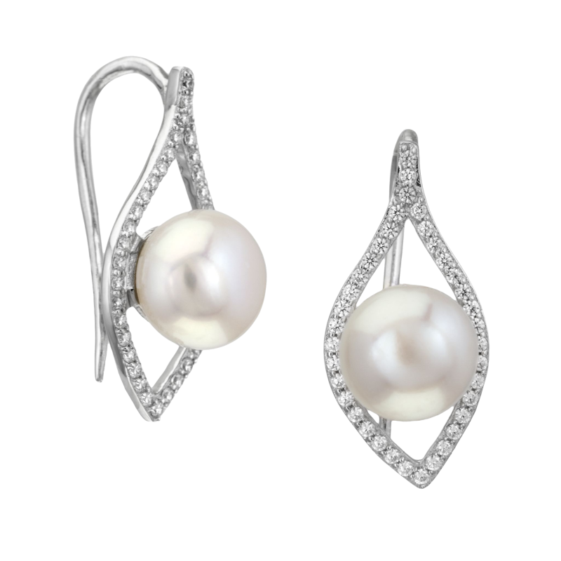 Boucles en argent rhodié, perle de culture et oxydes de zirconium