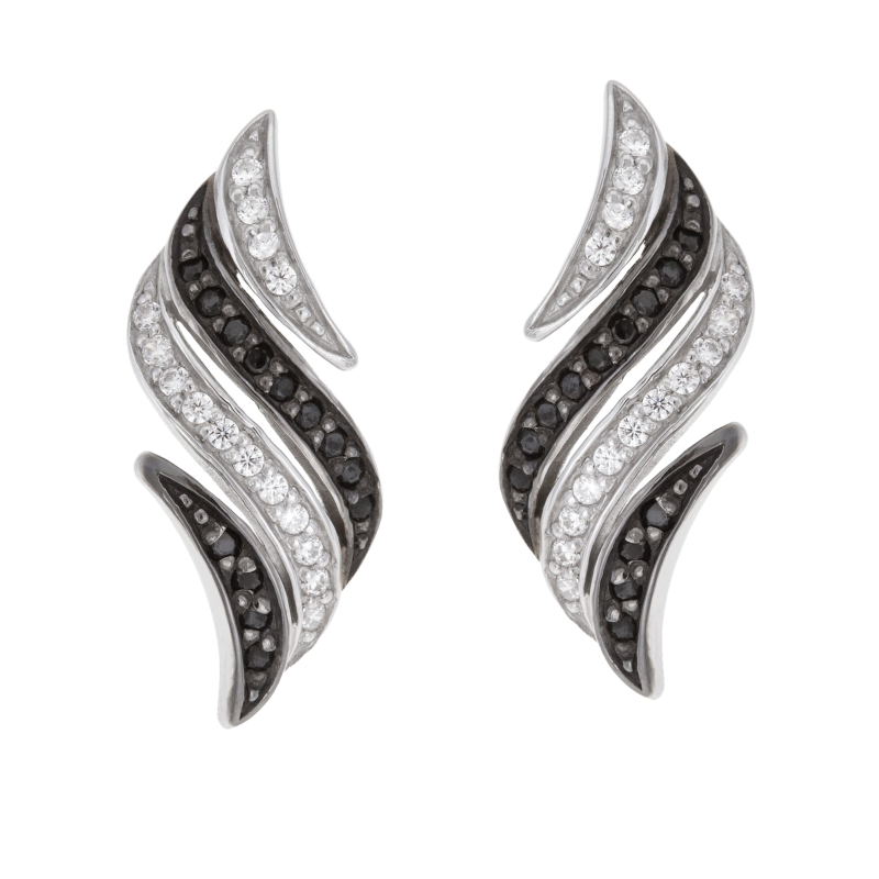 Boucles d'oreilles en argent rhodié et rhodié noir, oxydes de zirconium blancs et noirs