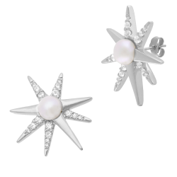 Boucles d'oreilles en argent rhodié, perle de culture et oxydes de zirconium, étoile