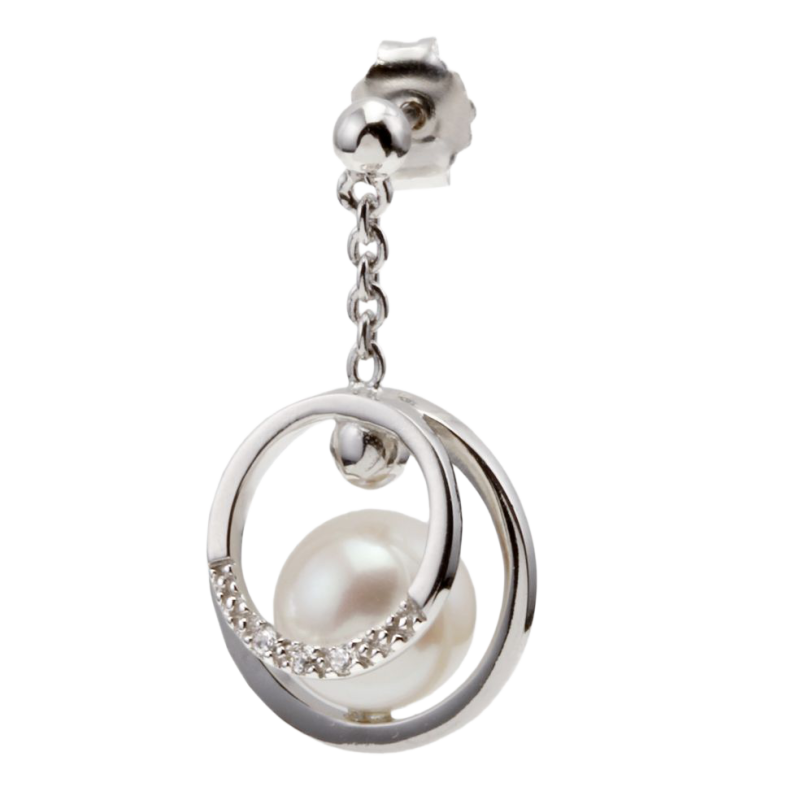Boucles d'oreilles en argent rhodié, perle de culture et oxydes de zirconium