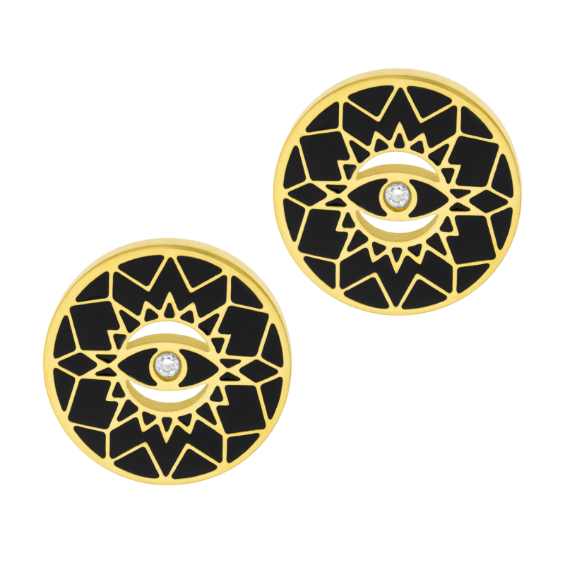 Boucles d'oreilles en acier doré, oxyde de zirconium et laque noire