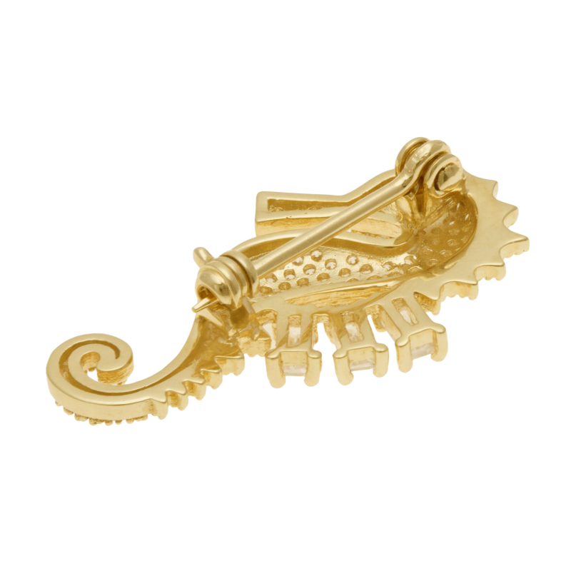 Broche en plaqué or et oxydes de zirconium, hippocampe